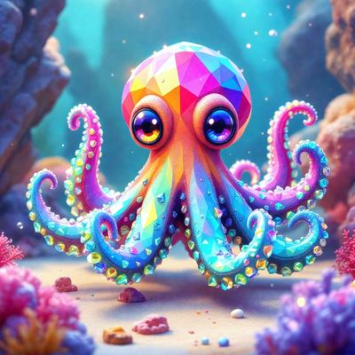 The primary subject of the image is a colorful, rainbow-colored octopus. The octopus is sitting on a sandy surface, surrounded by a variety of colorful sea creatures. The setting appears to be underwater, with the octopus being the main focus of the scene. The visual style of the image is digital art, as it is a well-crafted and detailed illustration. The colors and mood of the image are vibrant and lively, with the use of various shades of blue,